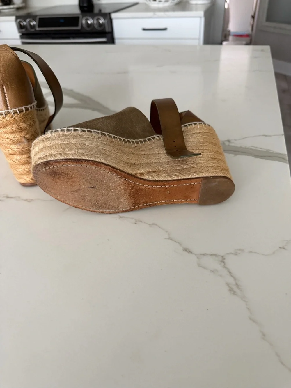 Chloe Olive Suede Espadrille Wedges with Brown Leather Ankle Straps